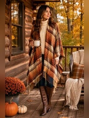 🍂 Pretty Persuasions Plaid Fringe Ruana Poncho Wrap